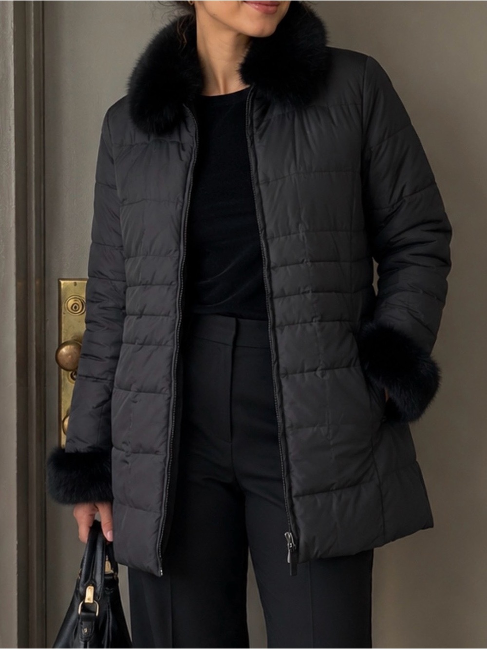 Marvin Richards Black Quilted Puffer with Fox Fur Trim